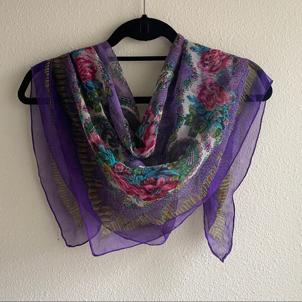 Vintage Silk Floral Scarf Purple Pink Blue